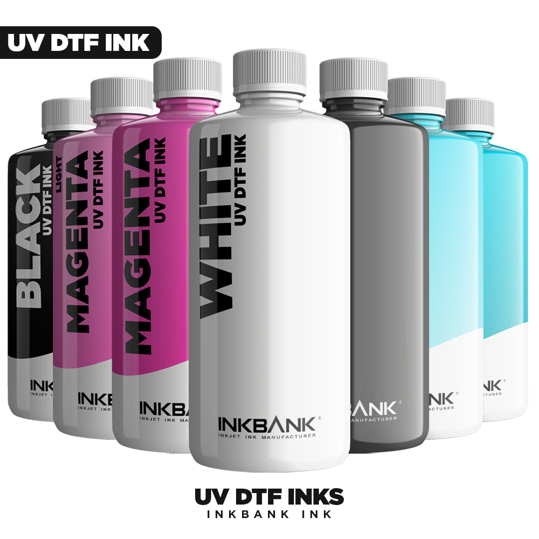 A black bottle with a nozzle cap labeled "Varnish UV DTF Ink" stands on a reflective surface against a black background with bold white text saying "VARnish.