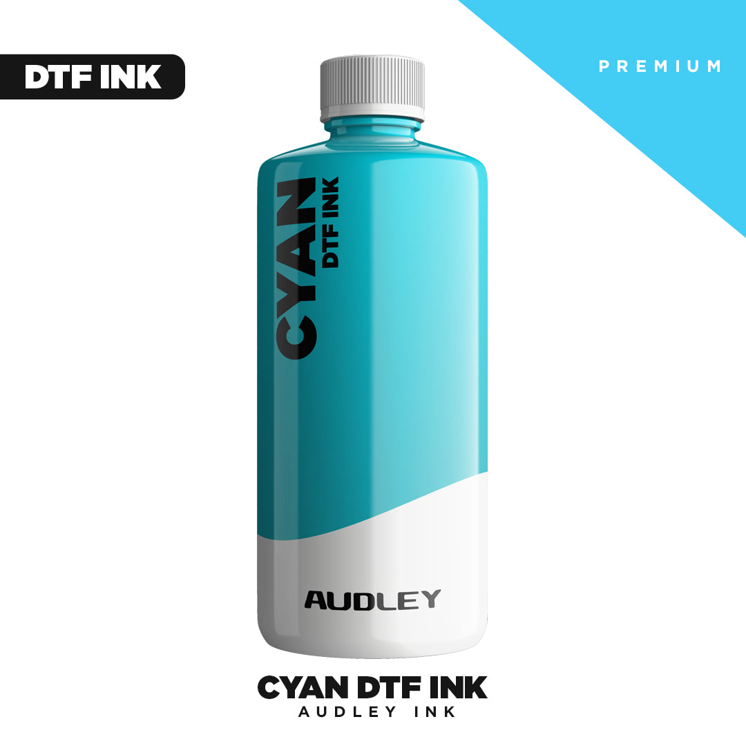 A bottle of Premium Cyan DTF INK from DTF Locker stands upright on a white background, featuring "CYAN DTF INK" and "PREMIUM" text—perfect for vibrant color in Direct to Film printing.