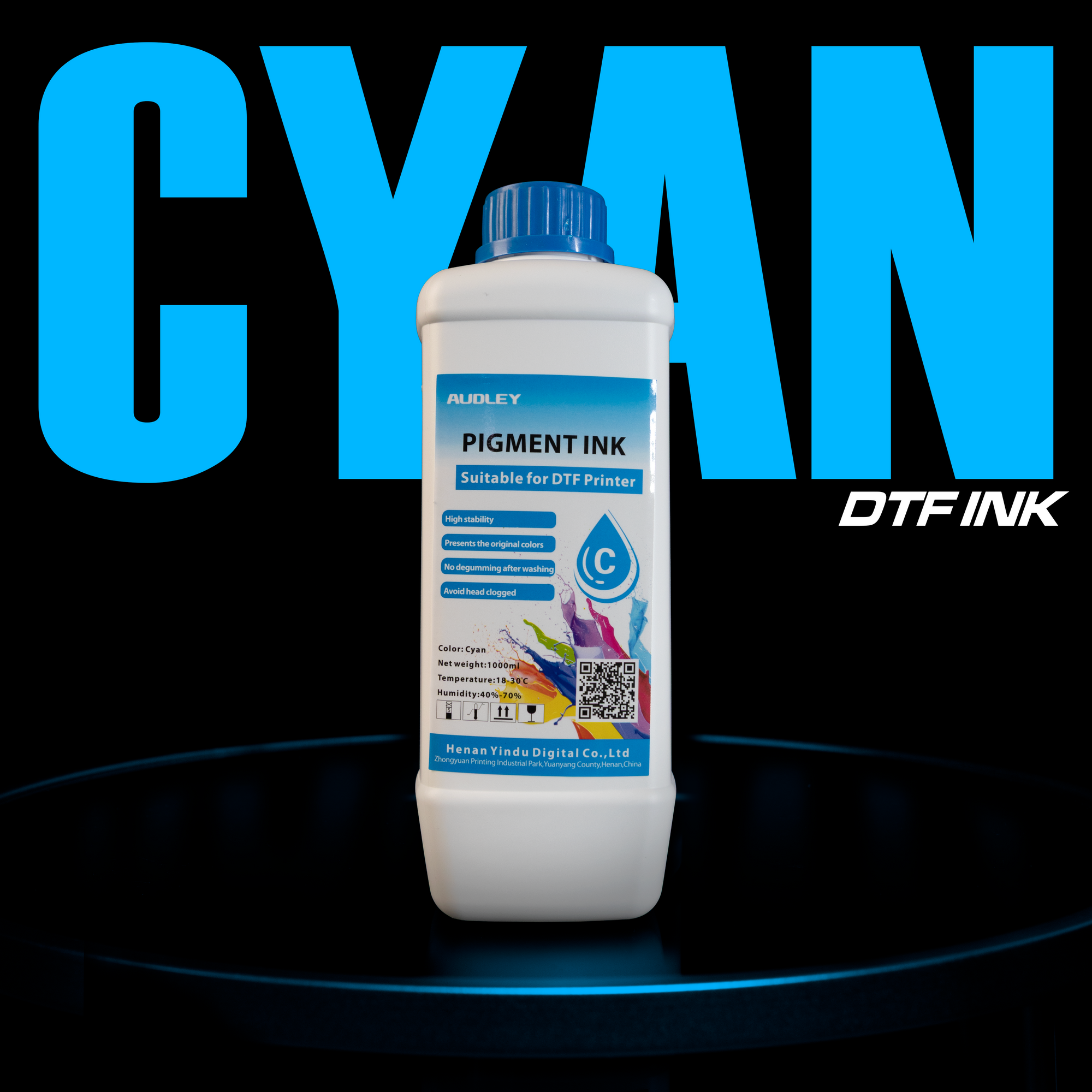 A 1L bottle of DTF LOCKER Audley DTF Ink Cyan stands on a black surface with a blue cap. Behind it, “CYAN” is written in large blue letters and “DTF INK” appears in white.