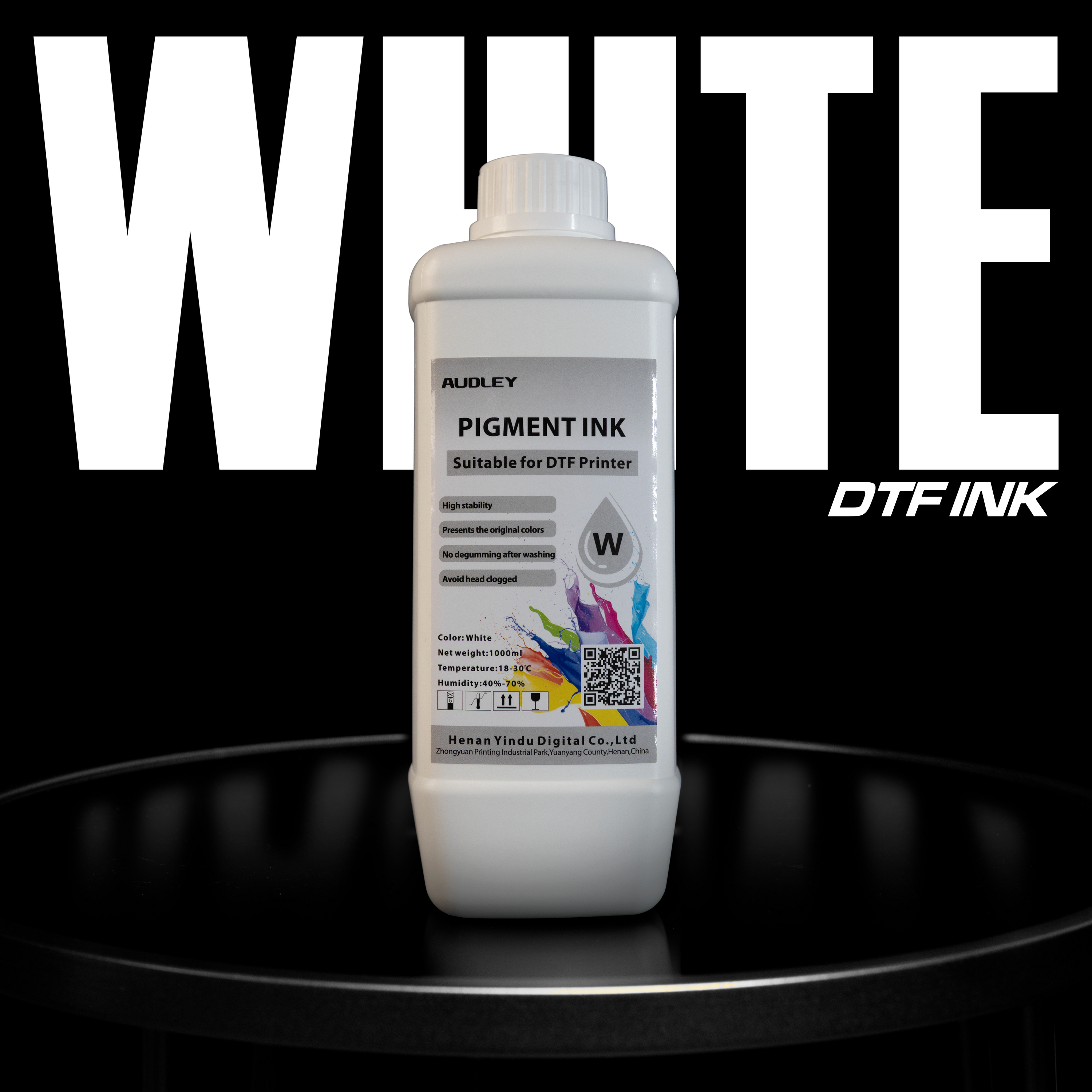 A white 1L bottle of DTF LOCKER Audley DTF Ink White is shown on a black background, featuring "WHITE" in bold and "DTF INK" in smaller white text.