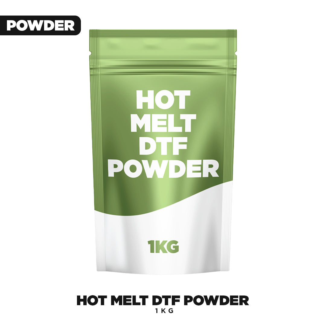 A green and white 1kg pouch of DTF Locker's Hot Melt DTF Powder stands upright on a white background, showcasing color retention and transfer process benefits, with product name and details displayed above and below the pouch.