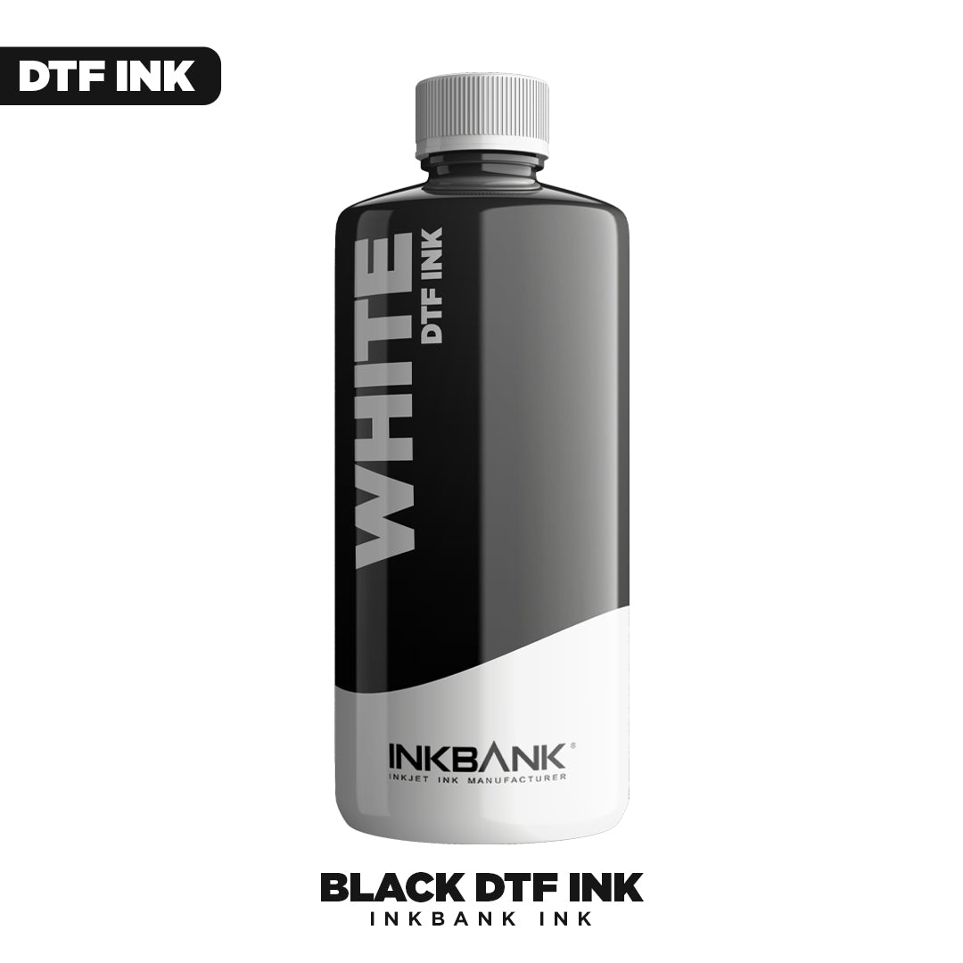 A black and white bottle labeled "Inkbank Black DTF INK" stands upright with "DTF Locker" branding at the bottom, ideal for custom apparel printing and Direct to Film transfers.