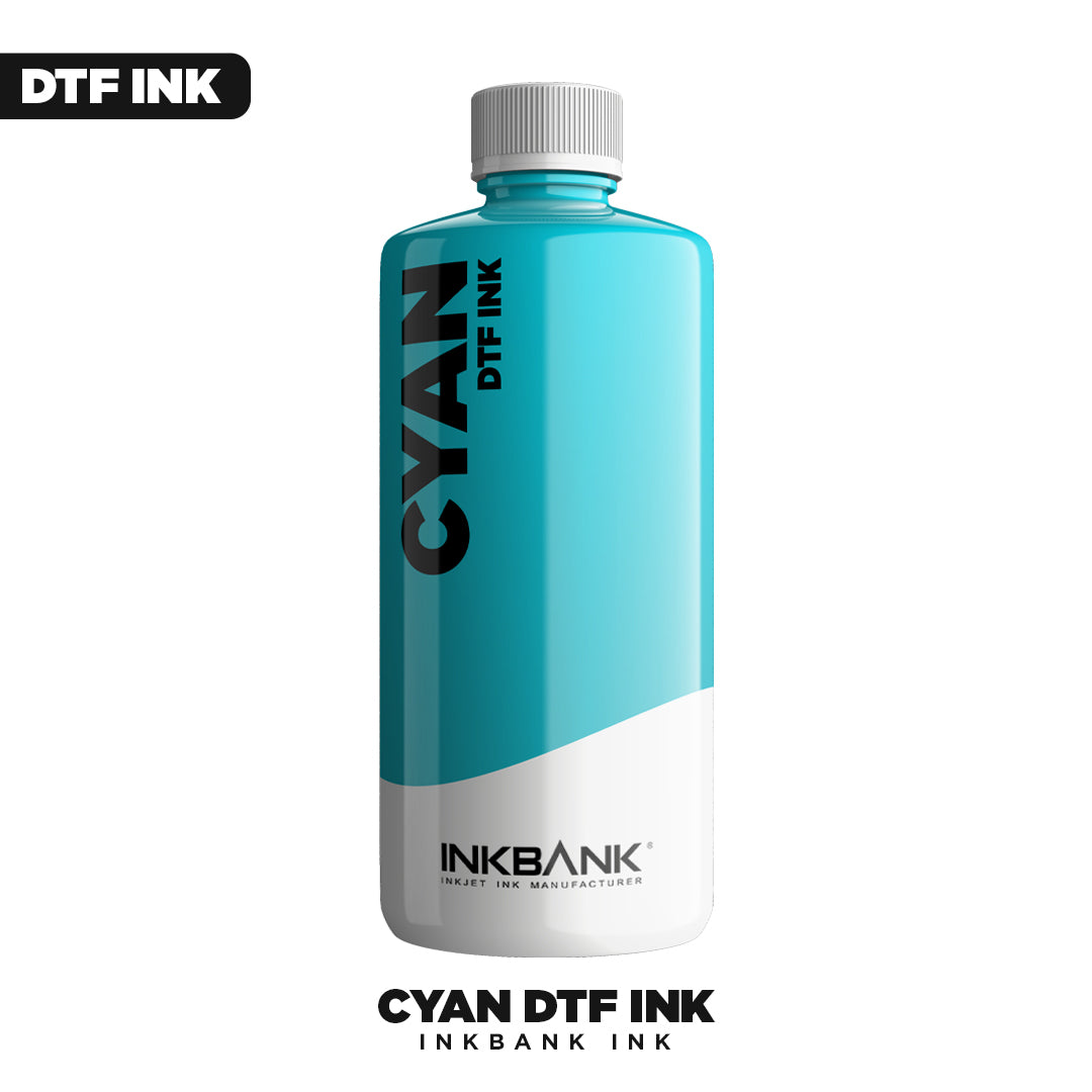 A bottle of Inkbank Cyan DTF INK by DTF Locker stands upright on a white background with bold "CYAN DTF INK" text. Ideal for Direct to Film printing, this ink delivers vibrant color with every use.