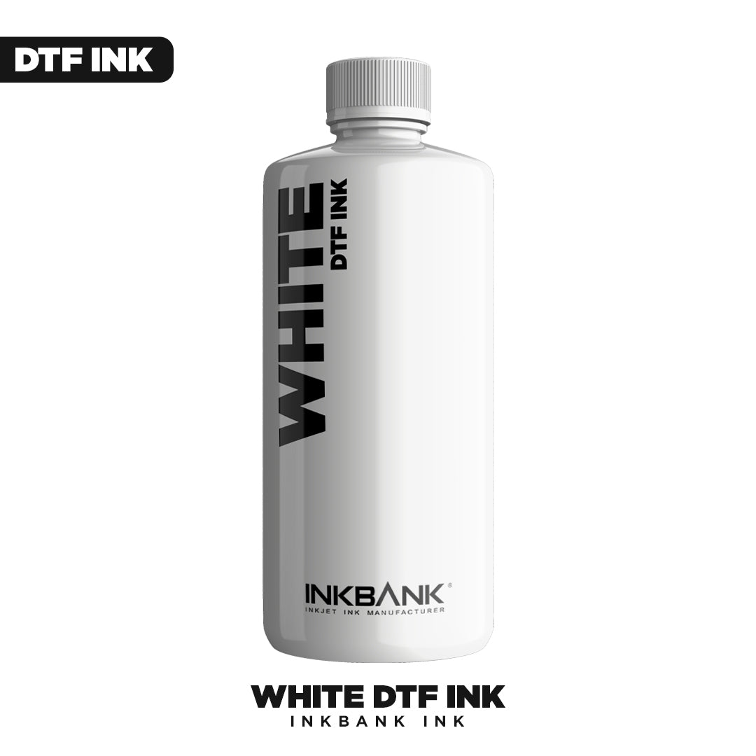 A white bottle labeled "Inkbank White DTF INK" from DTF Locker is displayed on a plain white background, suitable for Direct to Film printing. "DTF INK" and "Inkbank White DTF INK DTF Locker" appear above and below the bottle.