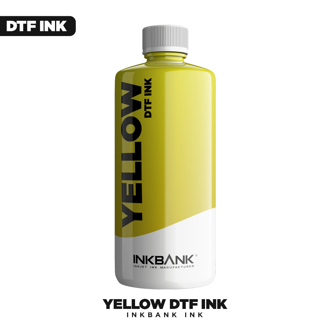 A bottle of Inkbank Yellow DTF INK from DTF Locker, designed for Direct to Film printing. It has a gray cap, bold "YELLOW DTF INK" text, and the Inkbank logo at the bottom of the label.