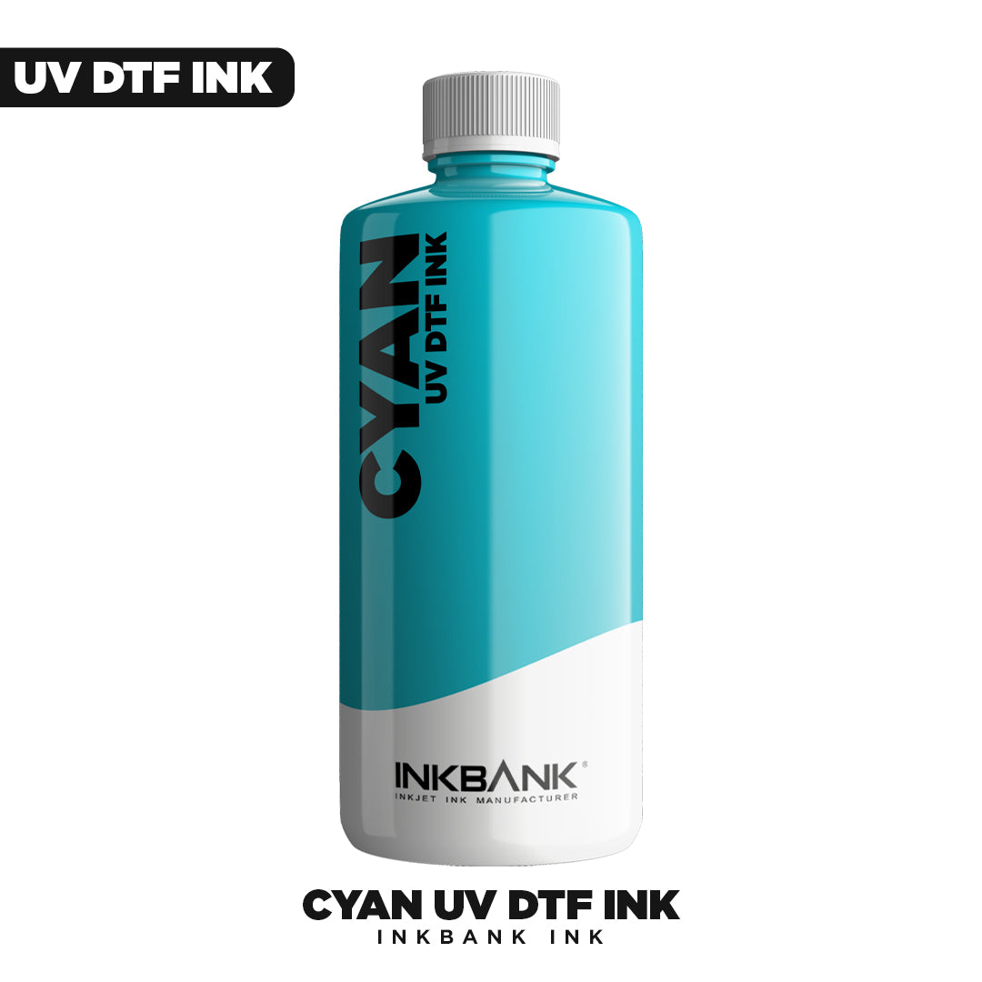 A blue and white bottle labeled "UV DTF Ink - Cyan" by DTF Locker, featuring a blue cap. Designed for UV DTF printing and compatible with Epson UV DTF print heads. "UV DTF INK" is shown in the top left corner.