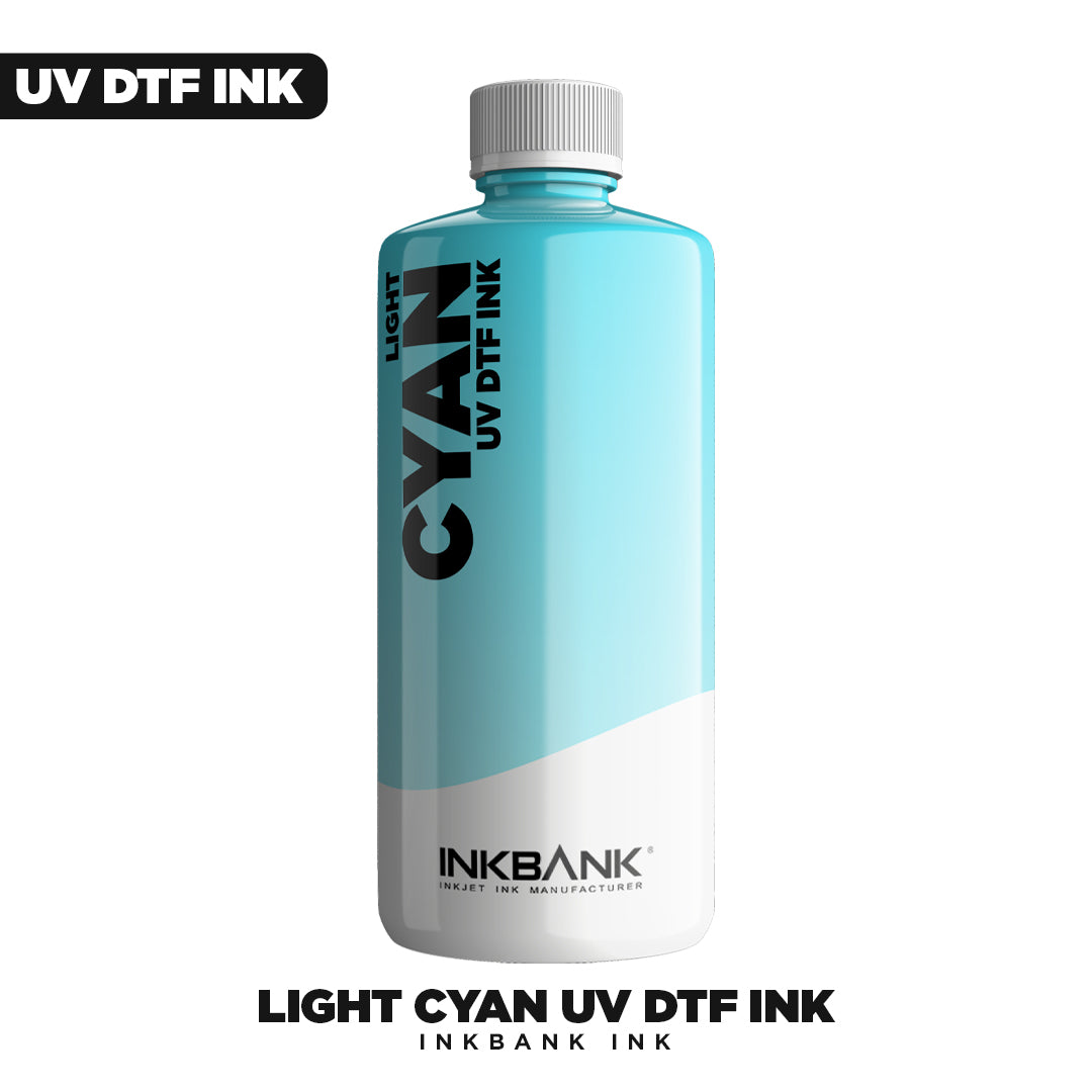 A bottle of DTF Locker UV DTF Ink - Light Cyan stands upright, featuring bold vertical "LIGHT CYAN UV DTF INK" labeling. It's ideal for Epson UV DTF print heads and ensures sharp, high-quality UV Direct to Film prints.
