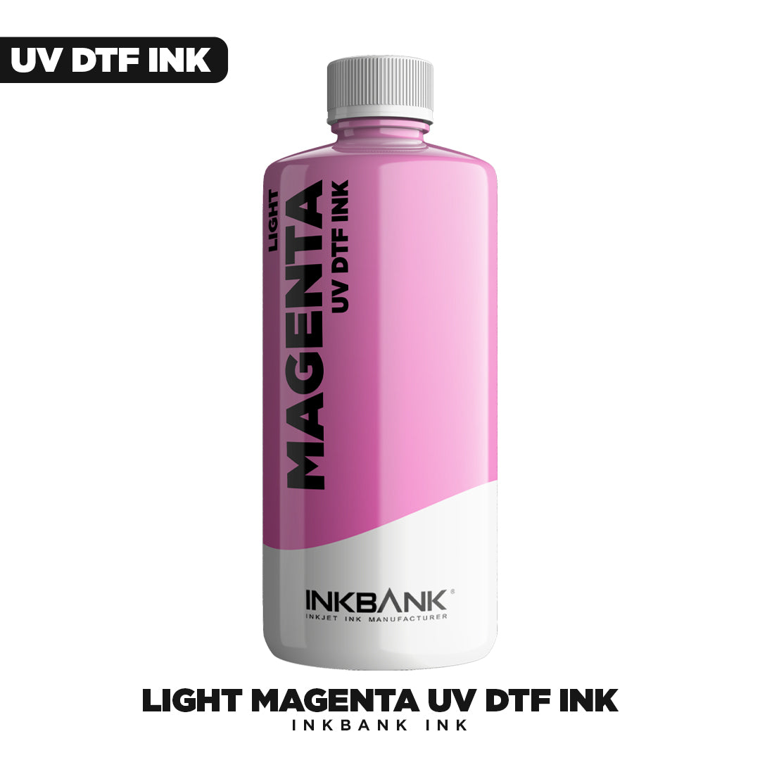 A bottle of DTF Locker UV DTF Ink - Light Magenta features a pink and white label for Epson UV DTF print heads, with "MAGENTA UV DTF INK" printed vertically and "INKBANK INKJET INK MANUFACTURER" below.
