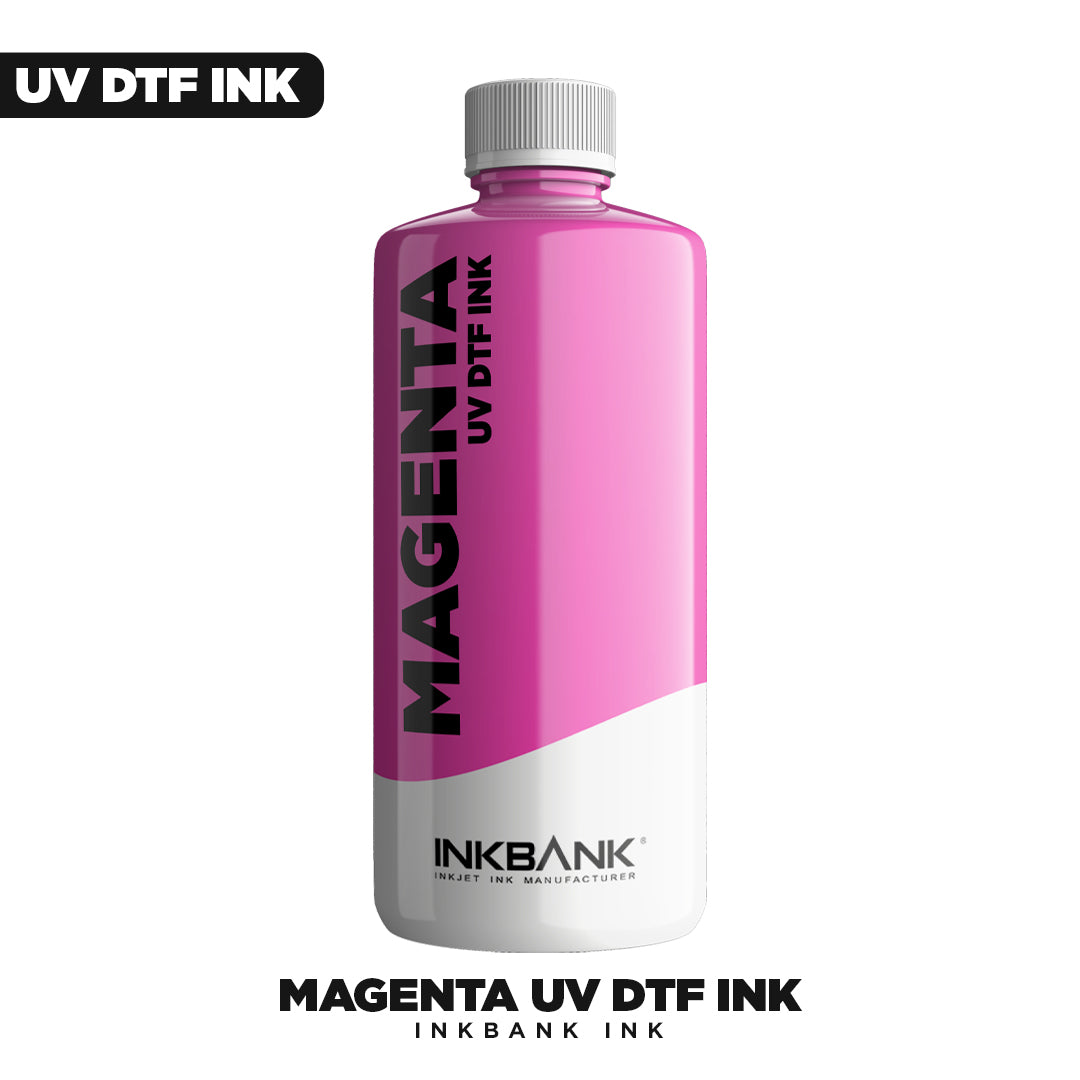 A white bottle with a pink label and cap displays "UV DTF Ink - Magenta" vertically, ideal for UV Direct to Film printing. The "DTF Locker" brand appears at the bottom, suited for Epson UV DTF print heads.