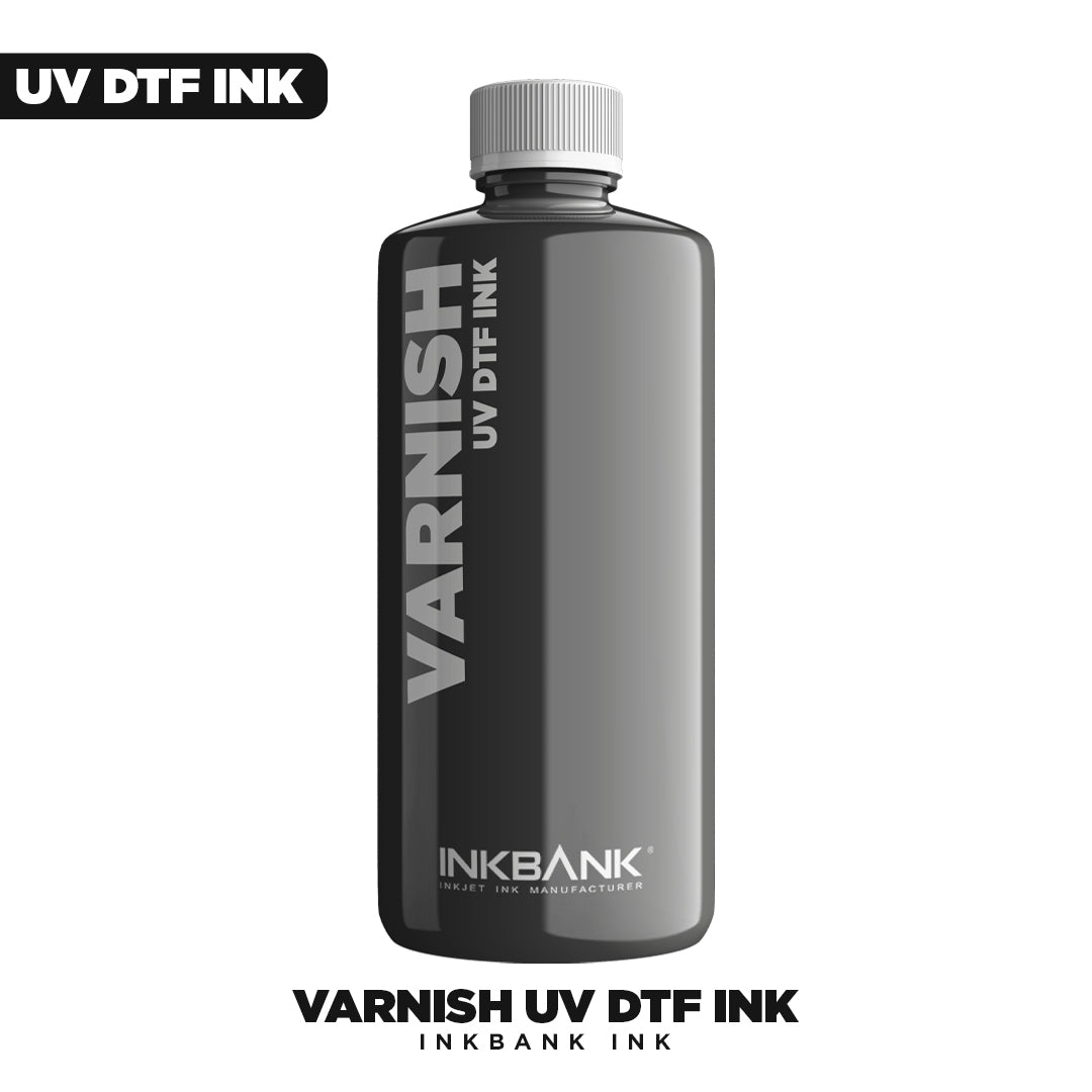 A black bottle labeled "UV DTF Ink Black" stands upright with "DTF LOCKER" branding below. Text above and below the bottle displays "UV DTF INK." The background is white.