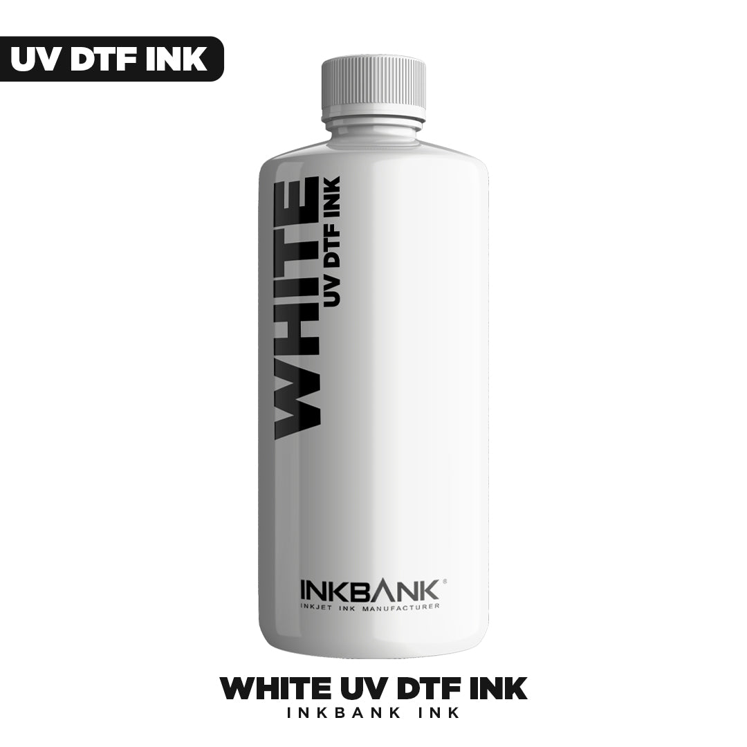A white bottle labeled "UV DTF Ink - White" by DTF Locker stands upright, perfect for UV Direct to Film printing. The label highlights its vibrant color capabilities and the brand name appears near the bottom.