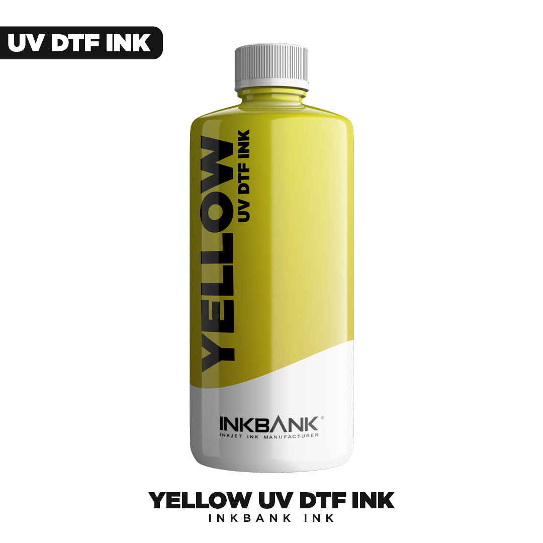 A yellow bottle labeled "UV DTF Ink - Yellow" by DTF Locker is centered on a white background, ideal for UV Direct to Film printing with Epson UV DTF print heads. Bold text reads "UV DTF Ink - Yellow" and "DTF Locker.