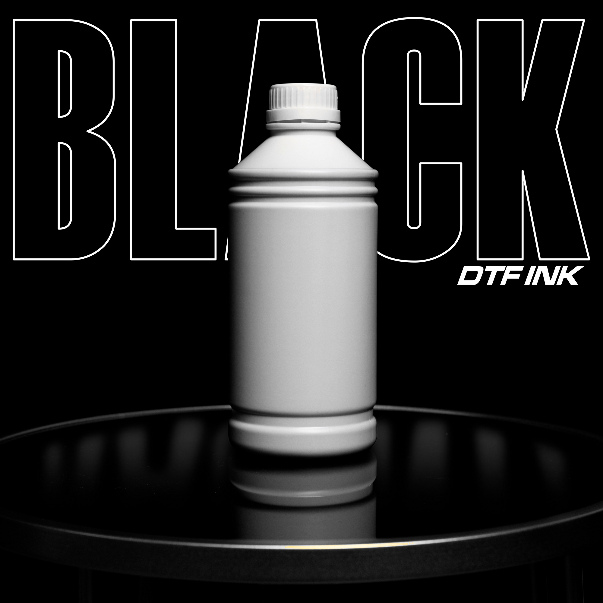 A white bottle of DTF Locker's Premium Black DTF INK sits on a reflective black surface, with "BLACK" in bold, white letters above, highlighting the essence of Direct to Film technology for custom apparel printing against a dark background.