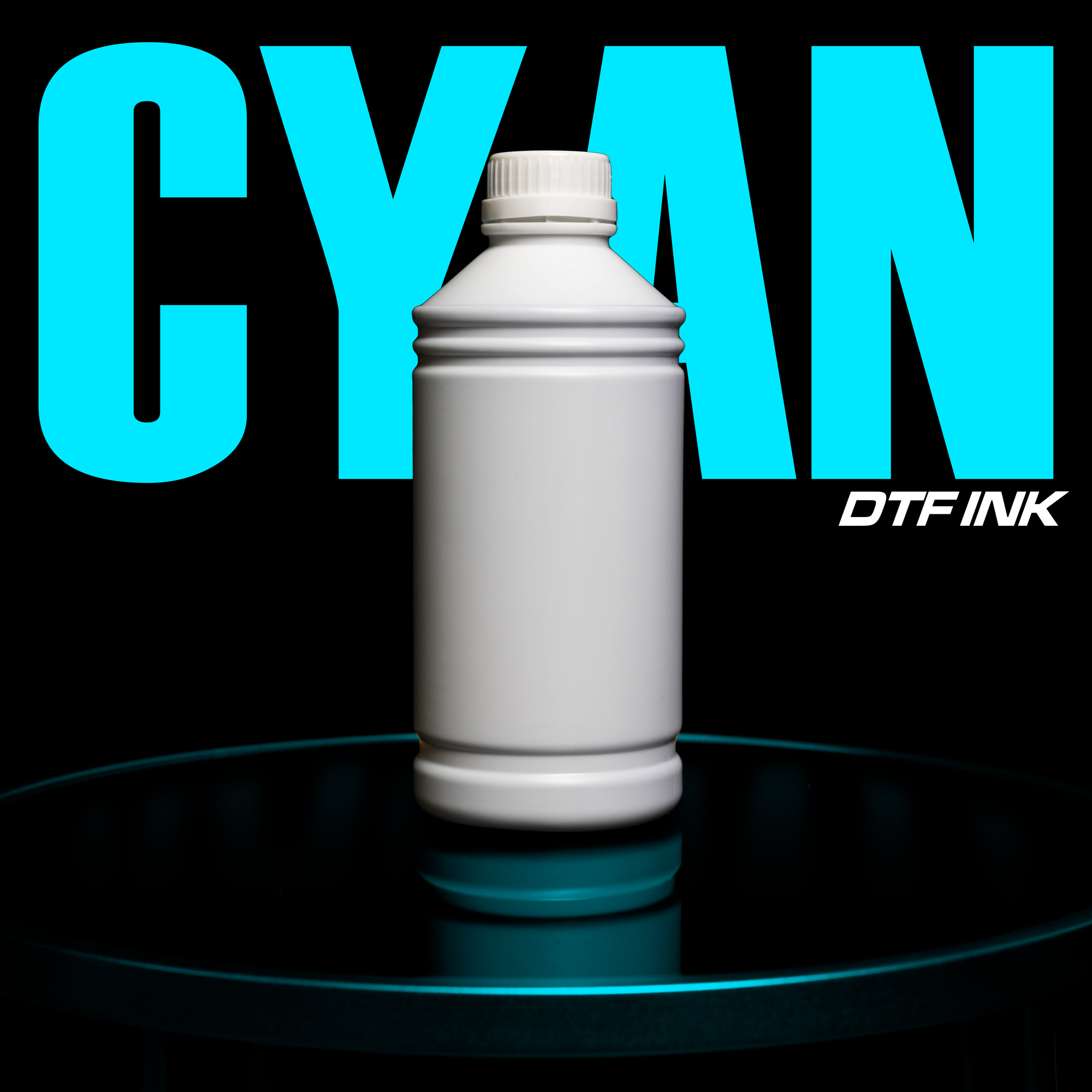 A white plastic bottle with "Premium Cyan" in bold blue letters stands on a reflective surface against a black background. Smaller text reads "DTF INK," highlighting precision printing, while the brand name "DTF Locker" assures quality.