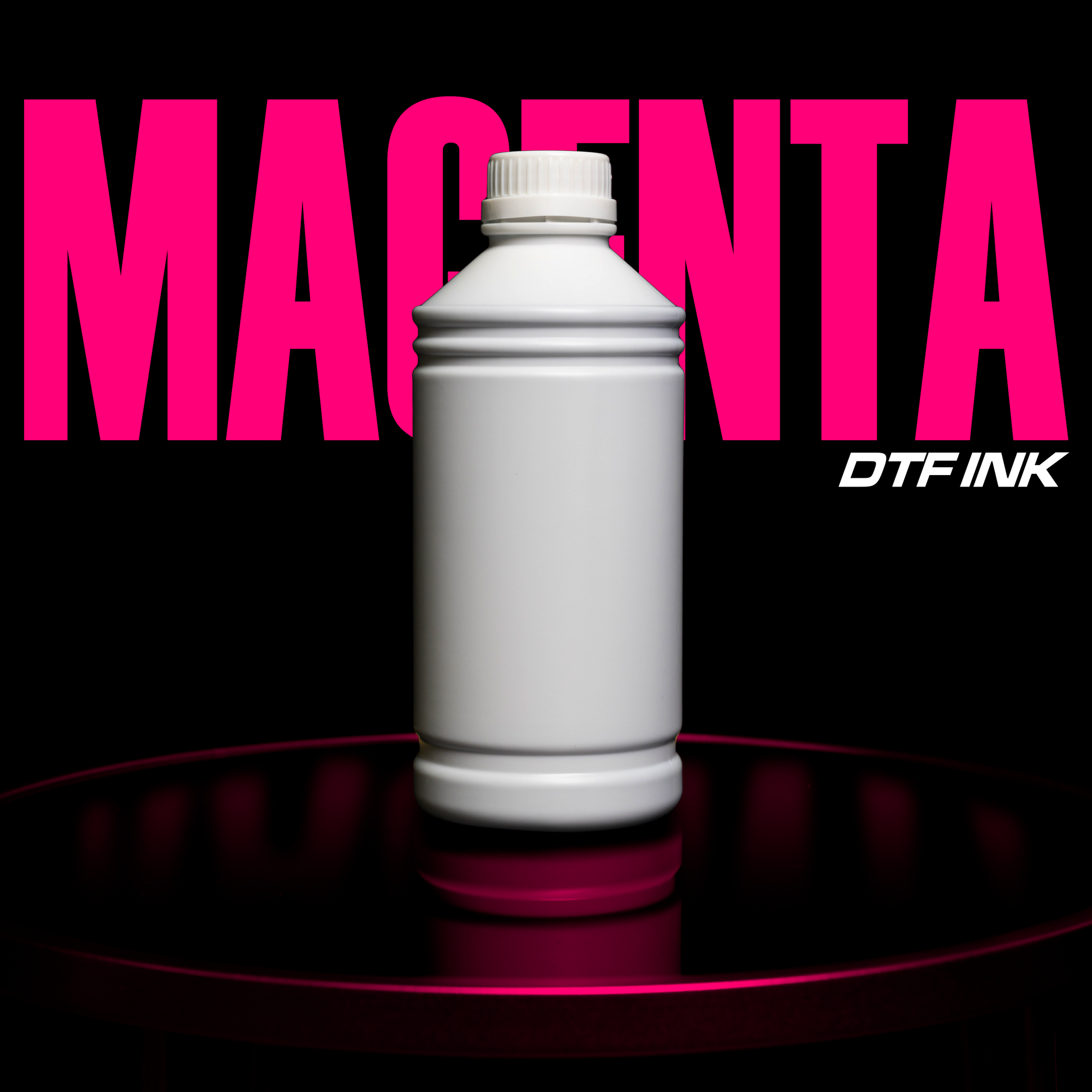 A white plastic bottle with a screw cap sits on a round table, illuminated by a pink glow. Behind it is bold pink text "MAGENTA" and smaller white text "DTF INK," highlighting the vibrant color of Premium Magenta DTF INK by DTF Locker for flawless Direct to Film printing.