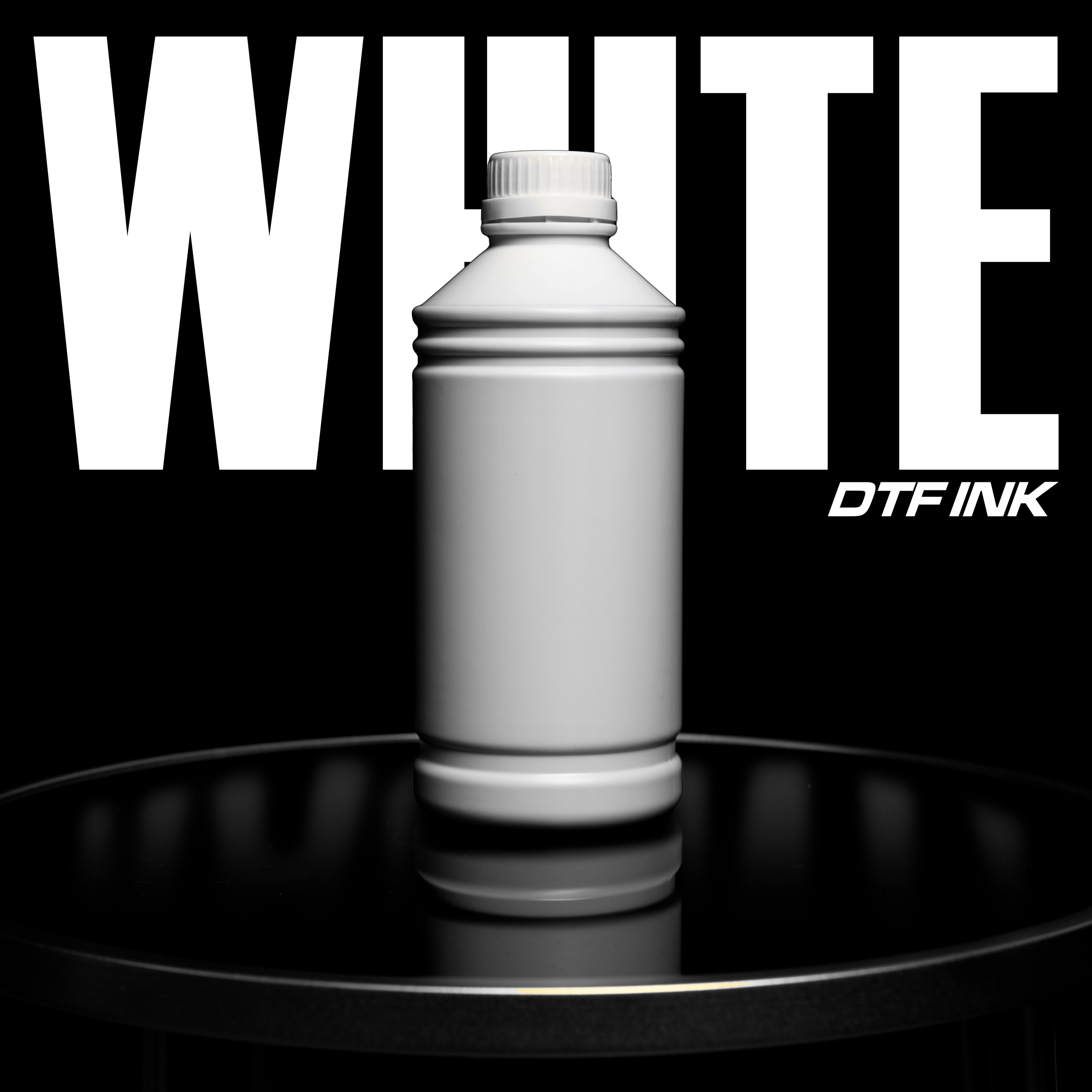 A white bottle of high-opacity, non-toxic Premium White DTF INK by DTF Locker is on a reflective black surface. "WHITE" is prominently displayed in large letters, with "DTF INK" in smaller text beside it, emphasizing the black and white contrast.