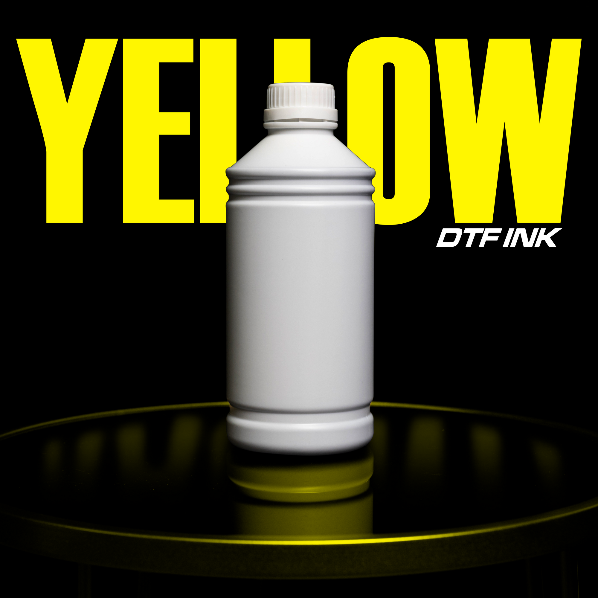 A white bottle of DTF Locker's Premium Yellow DTF INK sits on a reflective surface against a black background. The word "YELLOW" in large yellow letters and "DTF INK" in smaller white text emphasize its eco-friendly formula, known for brilliant yellow tones.